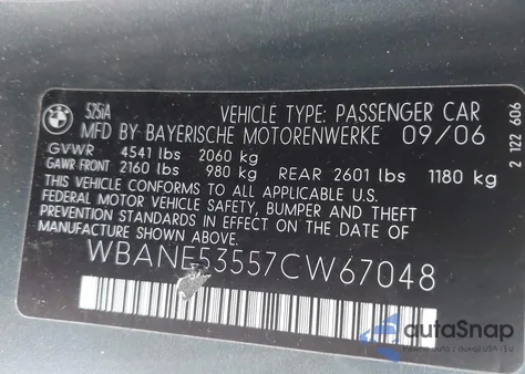 2007 BMW 525I z USA, uszkodzony, nr VIN WBANE53557CW67048